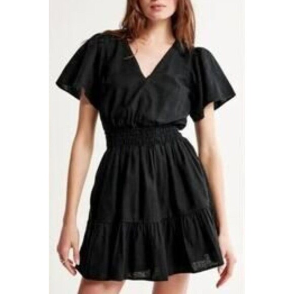 Abercrombie & Fitch Black Linen Blend Mini Dress Womens Size Small Smocked Waist - Picture 1 of 12